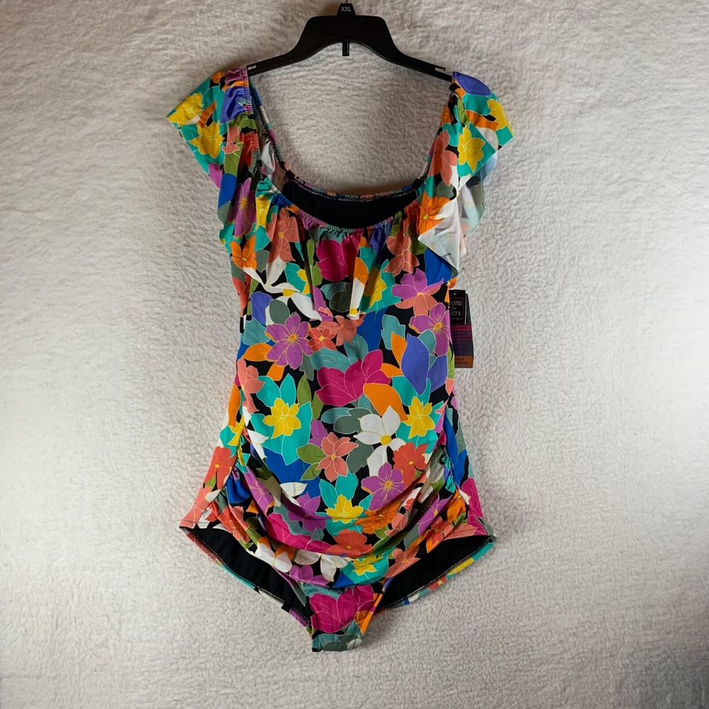 Swim Solutions Women's 22W Off‎ Shoulder Floral Ruffled One Piece Swimsuit NWT